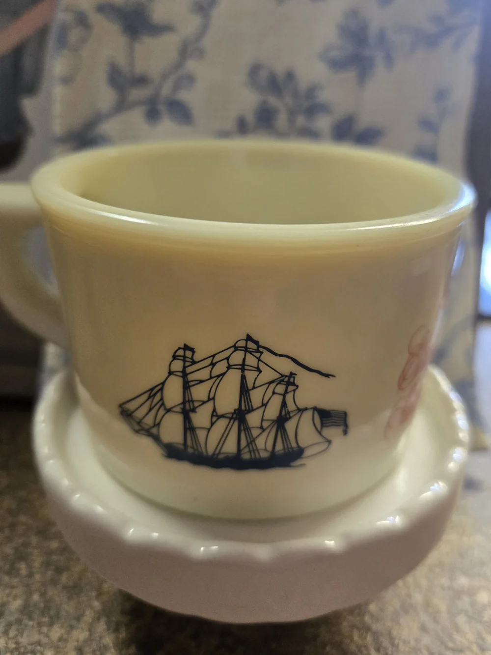 Vintage Yellow Porcelain Shaving Mug with Navy Ship Motif